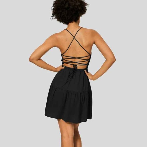 Halara | Backless Crisscross Adjustable Strap Shirred Plicated Flowy Mini - Picture 2 of 3